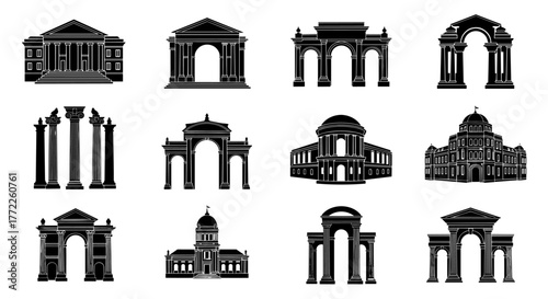 A collection of twelve architectural landmarks and monuments, rendered in black and white silhouette, showcasing a variety of historical designs and styles.
