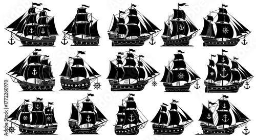 A collection of fifteen vintage sailing ship illustrations in black and white, showcasing classic maritime vessels with detailed masts and sails, ideal for nautical themes.
