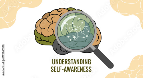 An illustration depicts a brain being examined with a magnifying glass, symbolizing the exploration and understanding of self-awareness and cognitive processes.