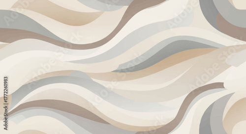 Serene flowing waves in a calming palette of beige, taupe, and soft grey creates a tranquil abstract backdrop ideal for sophisticated design projects
