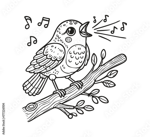 Singing Sparrow on a Tree Branch - Bold Easy Outline Illustration