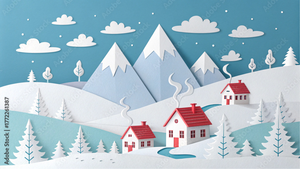Fototapeta premium Charming paper cut winter village nestled in snowy mountains