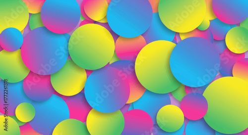 Vibrant, overlapping circles in a dynamic, colorful gradient pattern create a playful and modern abstract design perfect for energetic backgrounds.