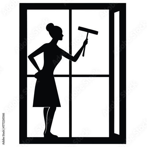 Silhouette of Woman Cleaning Window with Squeegee in Black and White Vector