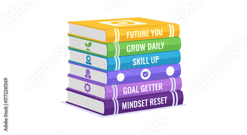 A colorful stack of books with motivational titles promoting personal growth, learning, and achieving goals, ideal for educational content.