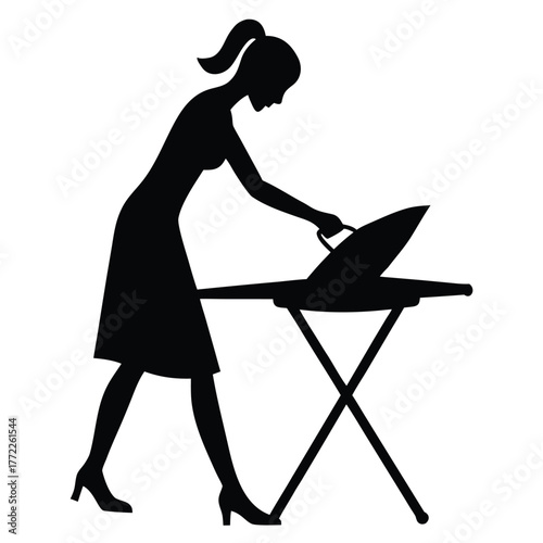 Silhouette Woman Ironing Clothes At Home Daily Routine Black Color Isolated Vector