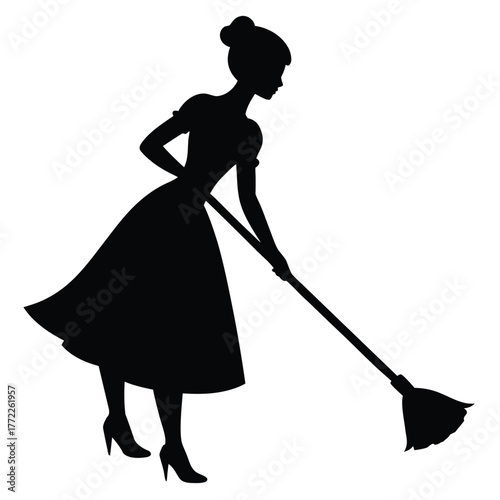 Silhouette of Woman Mopping Floor Housewife Retro Style Cleaning Lady Housework Duty
