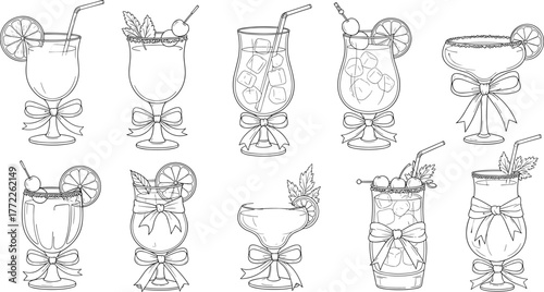 Cocktail illustration set, black and white sketch, ribbon-tied glasses, fruit garnish, hand-drawn outline, coloring page, celebration theme