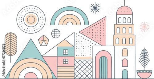 Whimsical geometric cityscape with soft pastel colors and playful shapes, evoking creativity and modern design for vibrant projects.