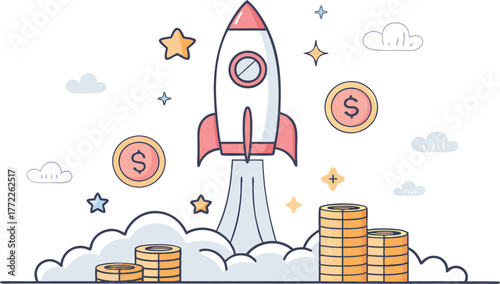 Dynamic rocket launch signifies financial growth and business success with abundant coins and celebratory stars.
