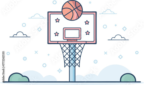 Dynamic basketball hoop with ball and clouds, perfect for sports, gaming, or youthful designs, creating an energetic and fun atmosphere for any project.