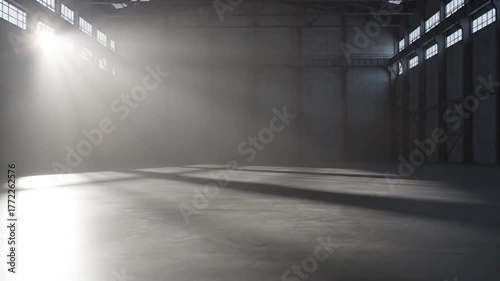 巨大倉庫の中で光がドラマチックに差し込む、静寂と広がりを感じさせる美しい瞬間
