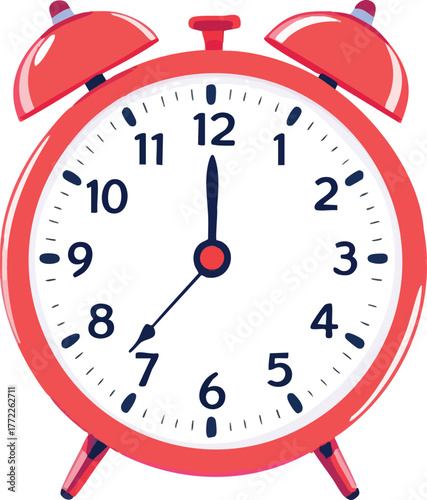 Red analog alarm clock with twin bells showing 12:35 isolated on white background for time-telling vector design