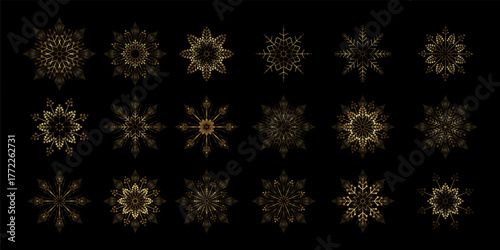 Merry Christmas. Exquisite gold isolated snowflakes.