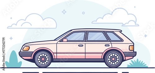 Charming pastel station wagon drives through a whimsical landscape with playful clouds and gentle greenery, perfect for nostalgic travel themes.