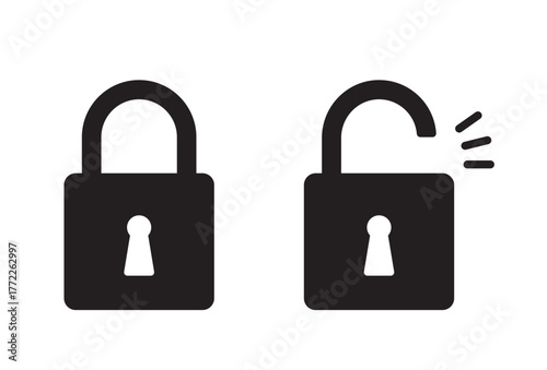 Black padlock locked and unlocked lock black icon, vector design