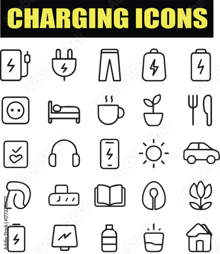Minimalist Vector Icon Collection for Technology and Electronics-Energy and Battery Charging Icons Pack.