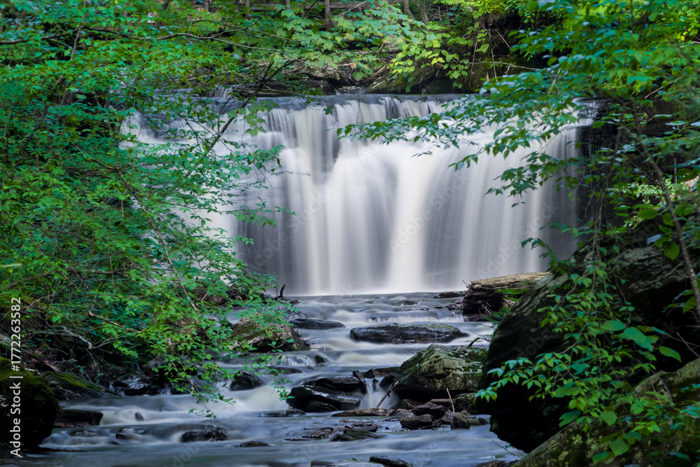 Naklejka premium Cascade of waterfalls long exposure shot in scenic Ricketts Glen state park, Pennsylvania in summer time