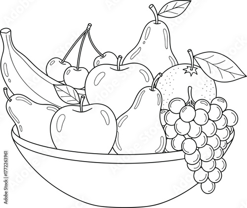 Fruit bowl illustration, black and white sketch, bananas, cherries, apples, grapes, pears, hand-drawn outline, coloring page