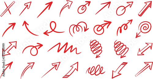 Hand-drawn red arrow set, black and white sketch, curved, zigzag, spiral, looped, directional icons, graphic design