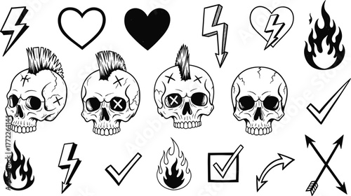 Punk symbol illustration set, black and white sketch, skulls, lightning bolts, fire, hearts, arrows, check marks, graphic icons