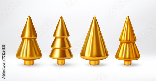 Variety of metallic gold christmas tree models. Holiday ornament collection, 3d winter decoration. New year, christmas concept. Vector illustration