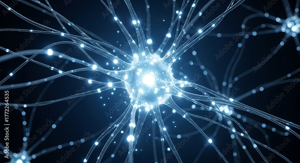 Fototapeta premium Stylized rendering of a glowing blue neuron and its complex network of synaptic connections.