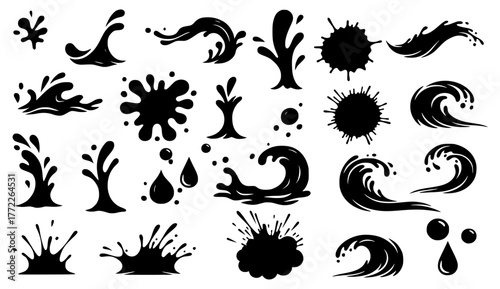 High-quality vector black silhouette collection of water, liquid, and fluid elements, including waves, energetic splashes, fountain streams, and ink blobs.