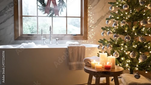 Modern bathroom interior with Christmas tree