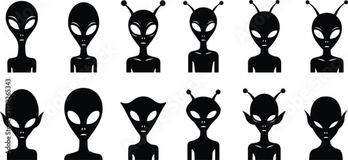 Alien head silhouette icon set, black vector illustration of extraterrestrial beings, sci-fi creature design, fantasy species graphic, isolated space character symbols