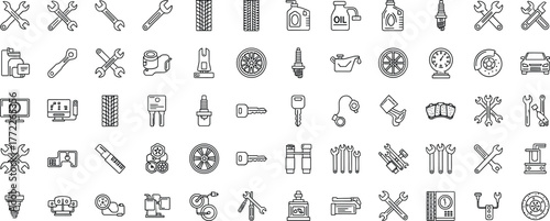 Automotive repair icons, car maintenance tools, mechanic equipment, vehicle diagnostics symbols, black and white vector set for garage, service, workshop, app