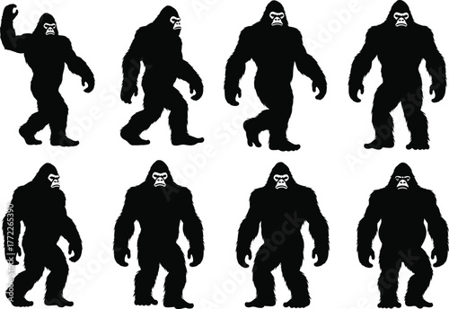 Bigfoot silhouette icon set, mythical creature vector illustration, black cryptid graphic, folklore monster design, Sasquatch walking pose collection, isolated beast symbols
