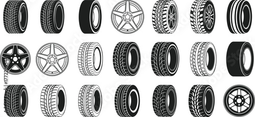 Car tire and wheel icons, tread pattern set, rim design collection, black silhouette vector, automotive parts illustration, isolated vehicle components