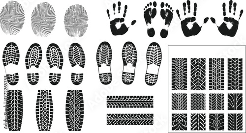 Forensic evidence icon set, fingerprint, handprint, footprint, shoe sole, tire tread vector, black silhouette illustration, crime scene trace graphic