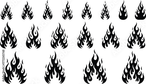 Flame icon set, fire silhouette collection, black vector flames, tattoo style graphic, burning shape illustration, heat symbol design, isolated elements