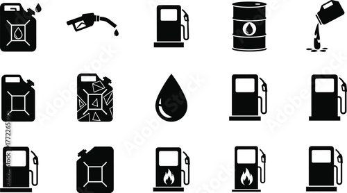 Fuel icons set, gasoline symbols, oil barrel, gas pump, fuel canister, energy drop, black silhouette, industrial vector, isolated illustration