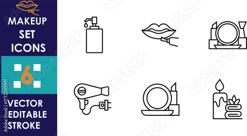 A collection of six minimalist makeup vector icons featuring perfume, lips with lipstick, mirror with cosmetics, hairdryer, compact powder, and candle, designed with clean editable strokes