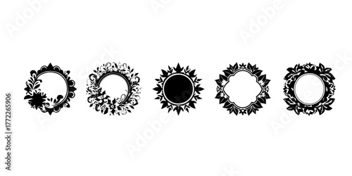 Collection of ornate circular floral decorative frames and elements silhouette isolated on white background