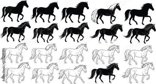 Horse walking pose illustration set, silhouette to detailed sketch progression, black vector graphic, animal motion study, equine anatomy design, isolated icons