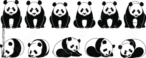 Panda pose icon set, sitting and lying cartoon panda vector, black and white animal illustration, cute wildlife graphic, isolated character design