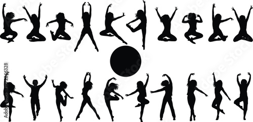 Silhouette dancers in motion, expressive poses, athletic balance, modern choreography, black figures on white background, dynamic movement, abstract art, vector illustration