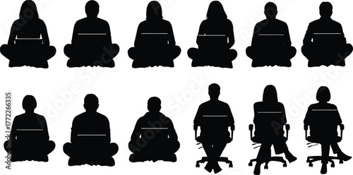Seated posture icon set, black silhouette vector illustration, laptop and chair positions, office and casual sitting graphic, ergonomic pose collection