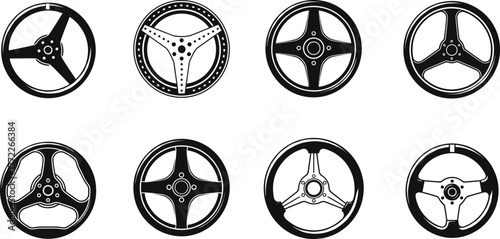 Steering wheel icon set, automotive control vector, black silhouette illustration, car interior design, driving equipment graphic, isolated vehicle component symbols