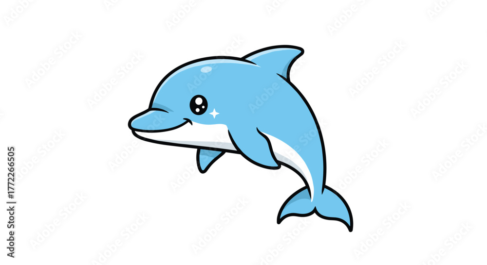 Fototapeta premium Cute cartoon dolphin leaping joyfully through the ocean sea waves animal aquatic marine mammal