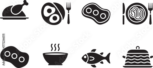 Collection of simple black and white food icons representing different meals and dishes