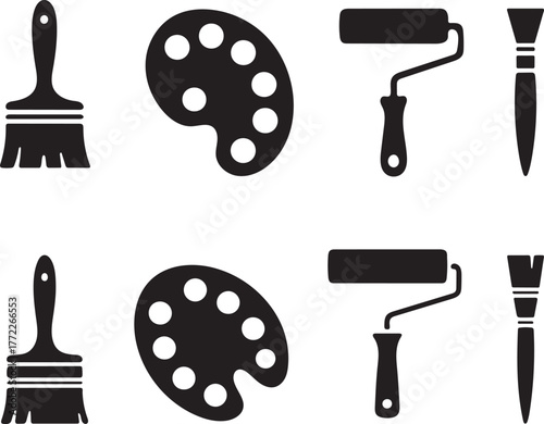 Collection of black and white painting tools and art supplies icons