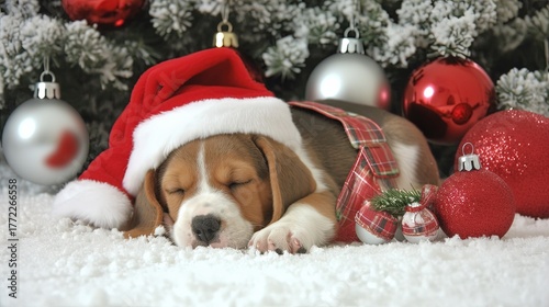 A joyful model presents a playful beagle puppy wearing a green and red plaid bandana against a pure white background with bright flat lighting, perfect for Christmas greeting concepts