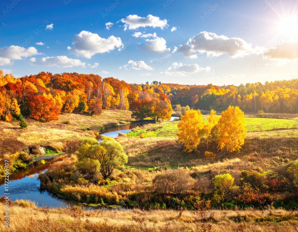 Fototapeta premium Autumnal landscape with winding river