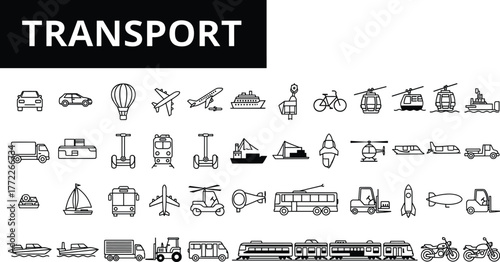 Transport icon set, air, land, water vehicle symbols, black vector illustration, travel and logistics graphic, mobility design, isolated silhouette collection
