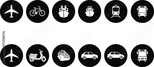 Transport icon set, airplane, car, bus, ship, train, scooter, bicycle symbols, black circular vector, travel silhouette illustration, isolated design
